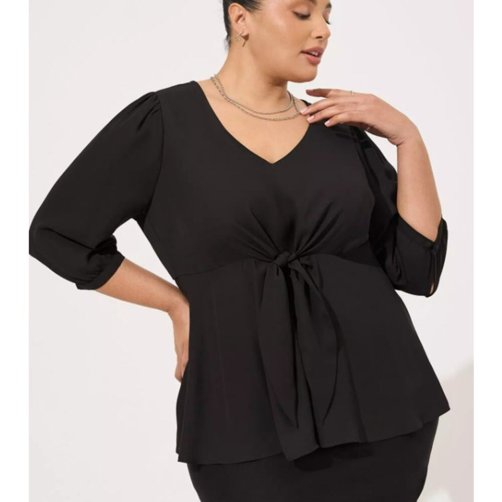 Torrid Womens 3X Top Georgette Tie-Front Blouse Black 3/4 Sleeve